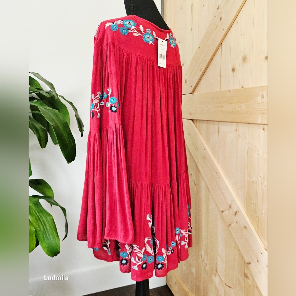 FREE PEOPLE Women's Size XS Red Combo Embroidered Long-Sleeve Blouse‎ - Picture 9 of 10